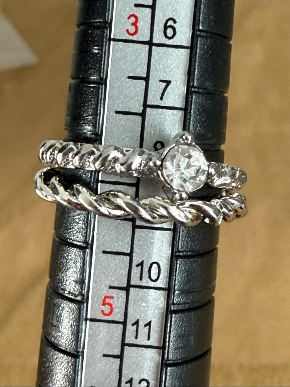 Silver-Tone Twisted Stackable Ring Set with Clear Crystal